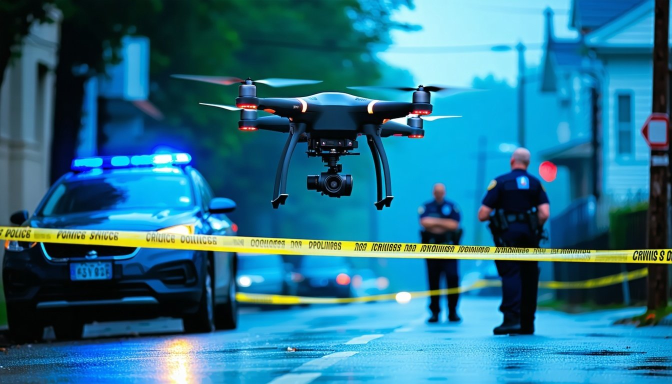 A police drone hovering over a crime scene with of