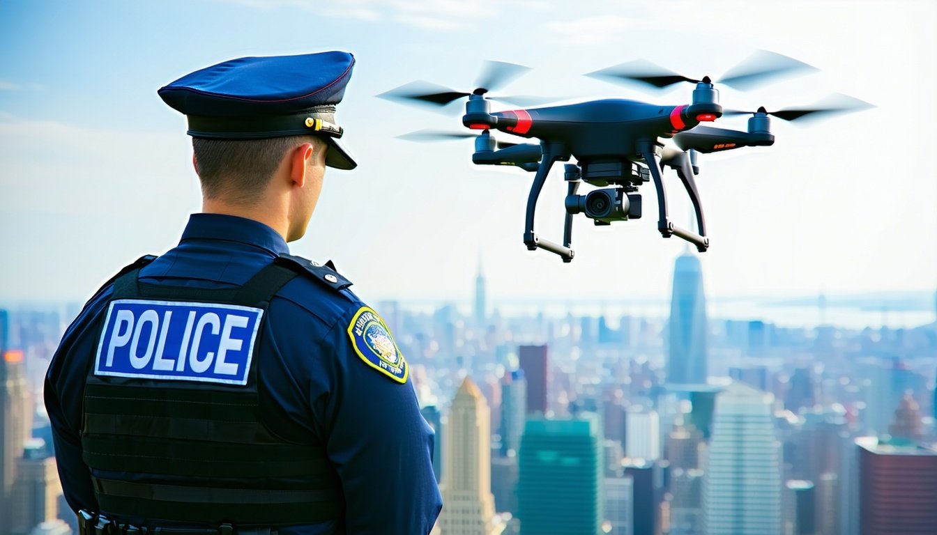 A police officer monitoring a drone flying over a