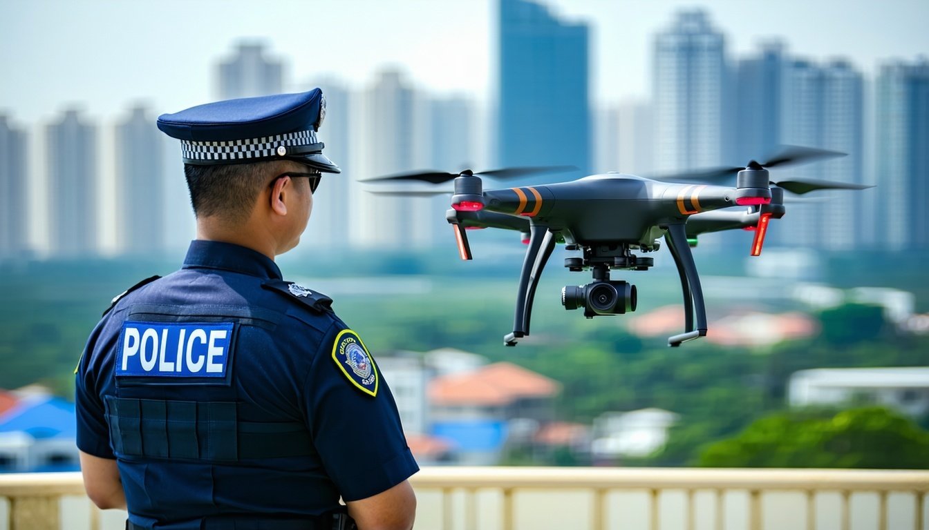 A police officer operating a drone with a cityscap